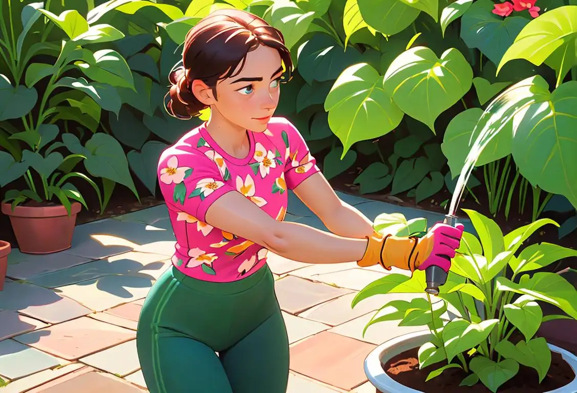 Young person wearing gardening gloves, floral-patterned workout clothes, happily watering plants in a vibrant backyard garden..