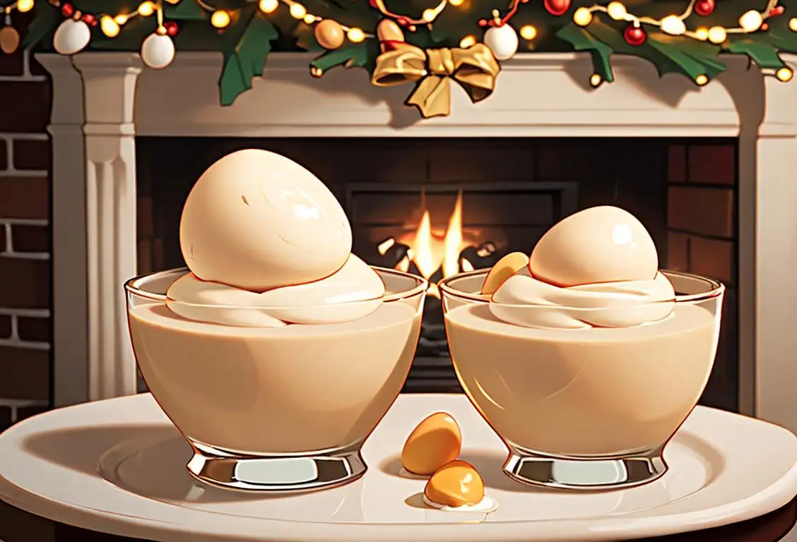 Cheerful couple clinking glasses filled with creamy egg nog, festive holiday decorations in the background, cozy winter fashion, warm fireplace setting..
