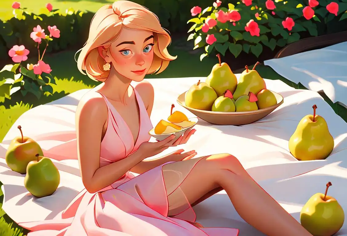Young woman enjoying a juicy pear dessert, wearing a flowy summer dress, garden picnic scene with colorful flowers..