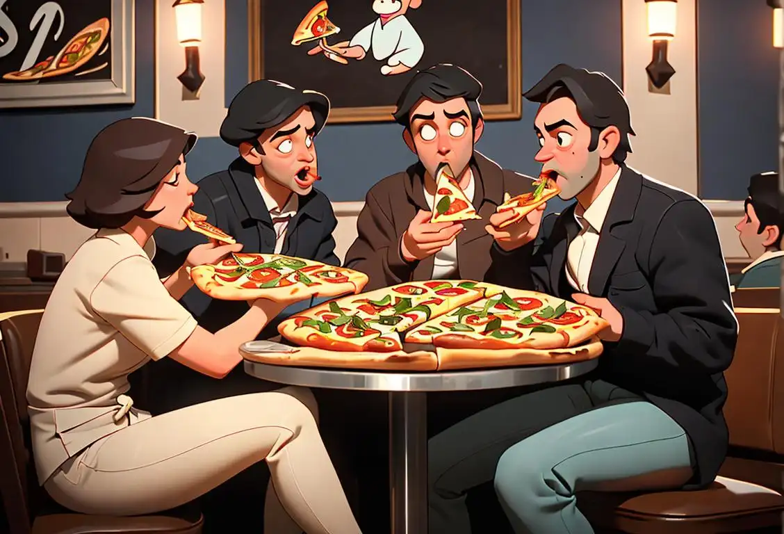 A group of friends happily devouring a loaded pizza, one friend picking off the anchovies, in a bustling urban pizzeria with a vintage decor..