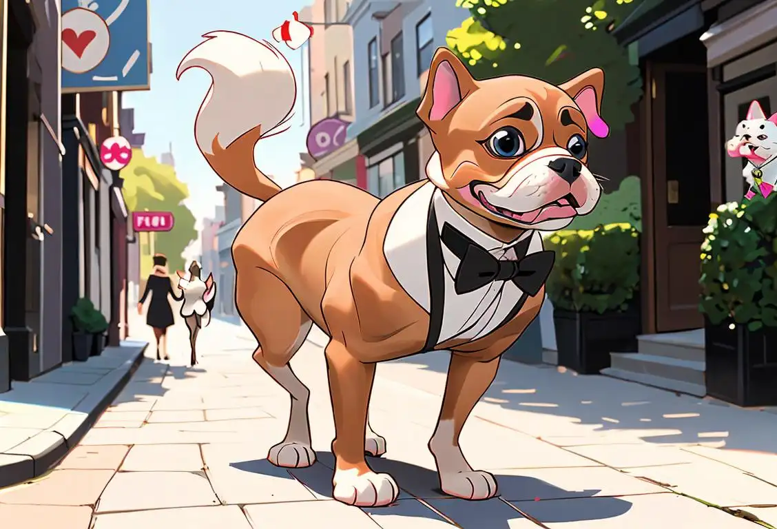 Charming dog wearing a bowtie, walking down a vibrant city street, surrounded by stylish pet-loving people..