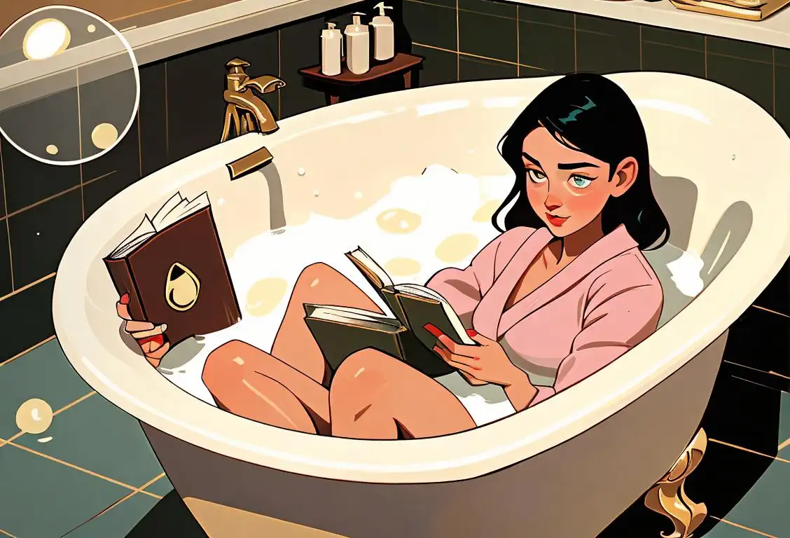 Young woman reading a book in a bathtub full of bubbles, wearing a cozy robe, vintage-style bathroom..