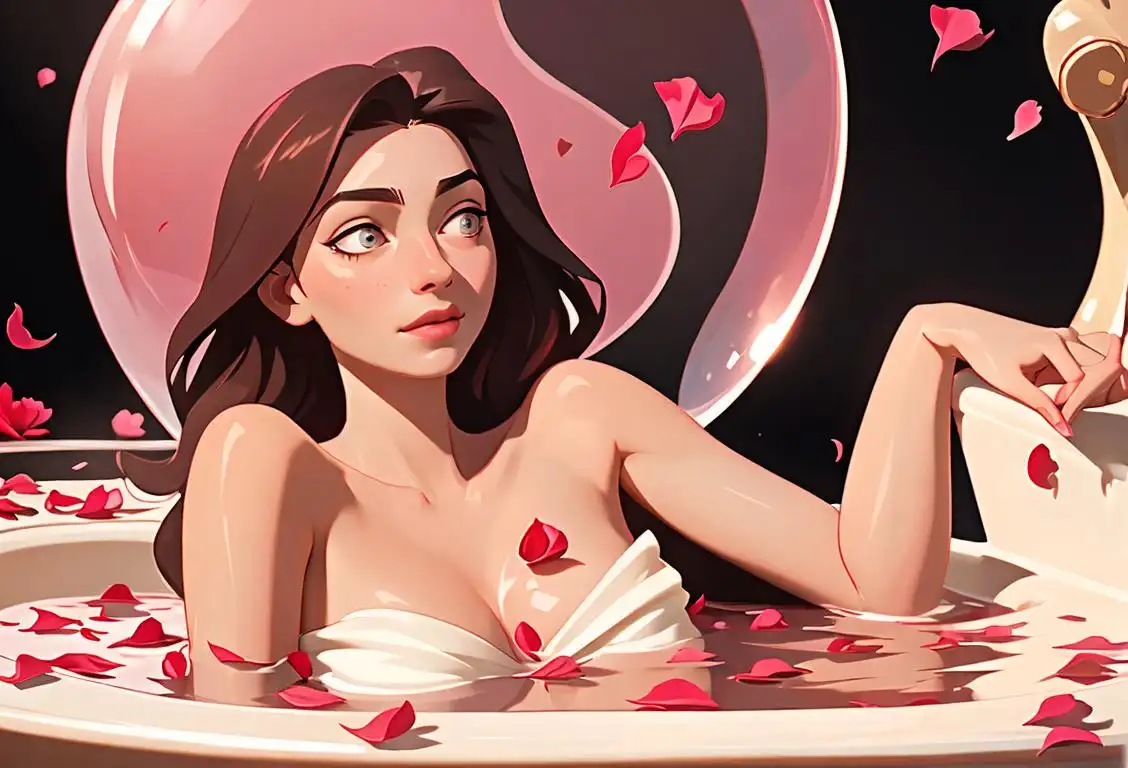 Young woman lounging in a luxurious bubble bath, surrounded by rose petals, holding a glass of champagne..