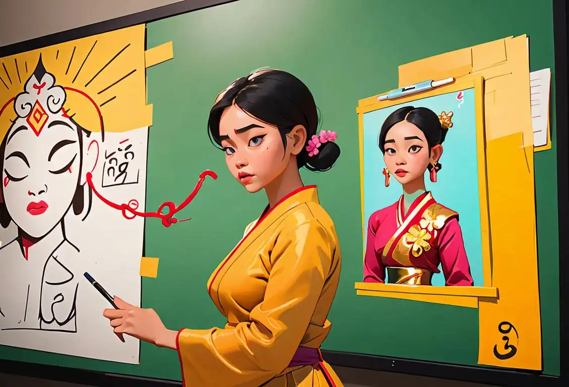 Young woman writing Thai characters on a whiteboard, wearing a traditional Thai dress, surrounded by vibrant Thai cultural symbols..