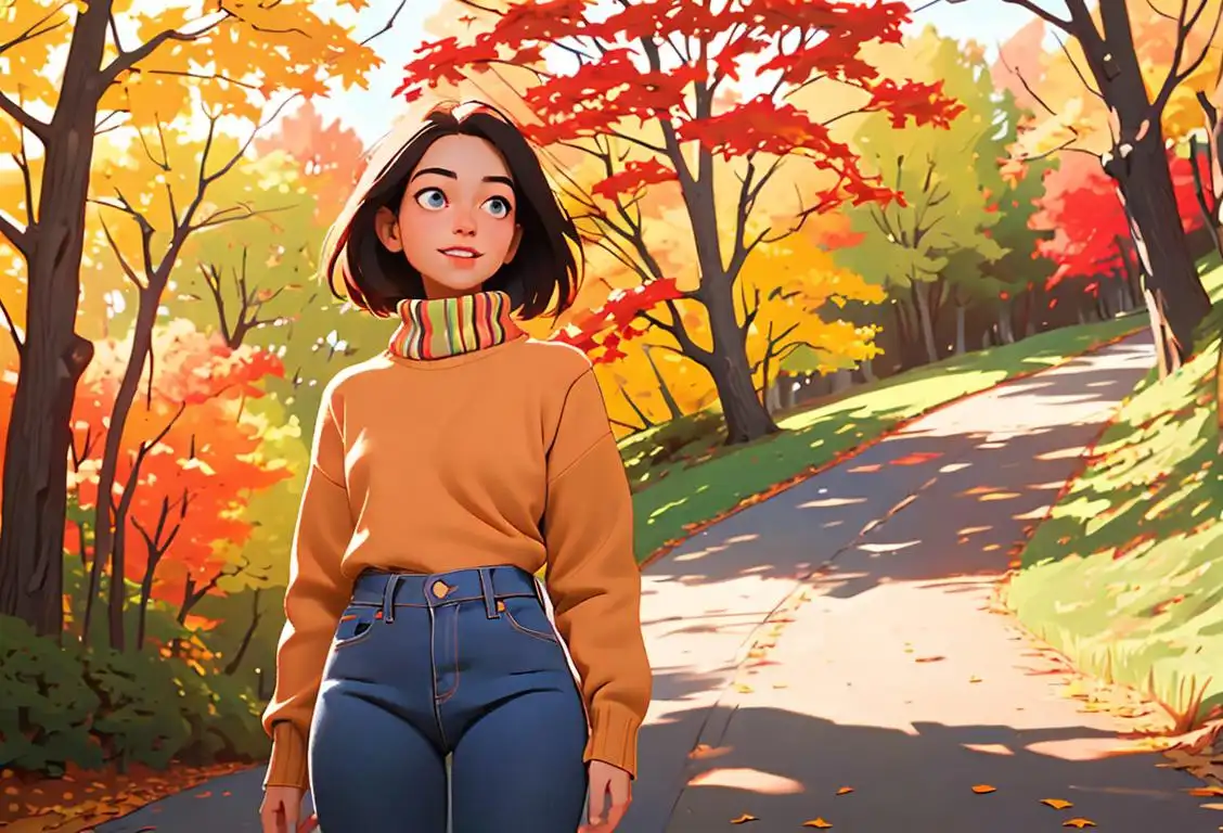 Happy, independent person enjoying a nature hike, wearing a cozy sweater and jeans, surrounded by colorful autumn foliage..