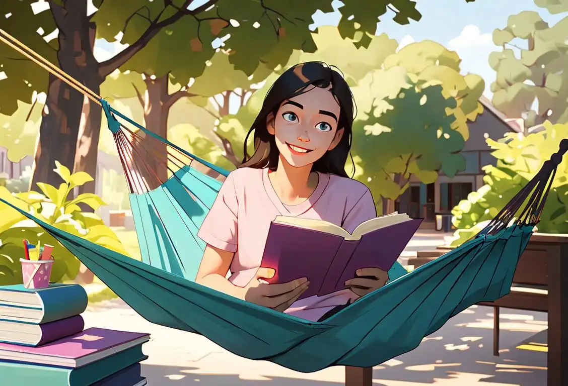 A happy student in casual clothes, relaxing on a hammock, surrounded by textbooks and school supplies..