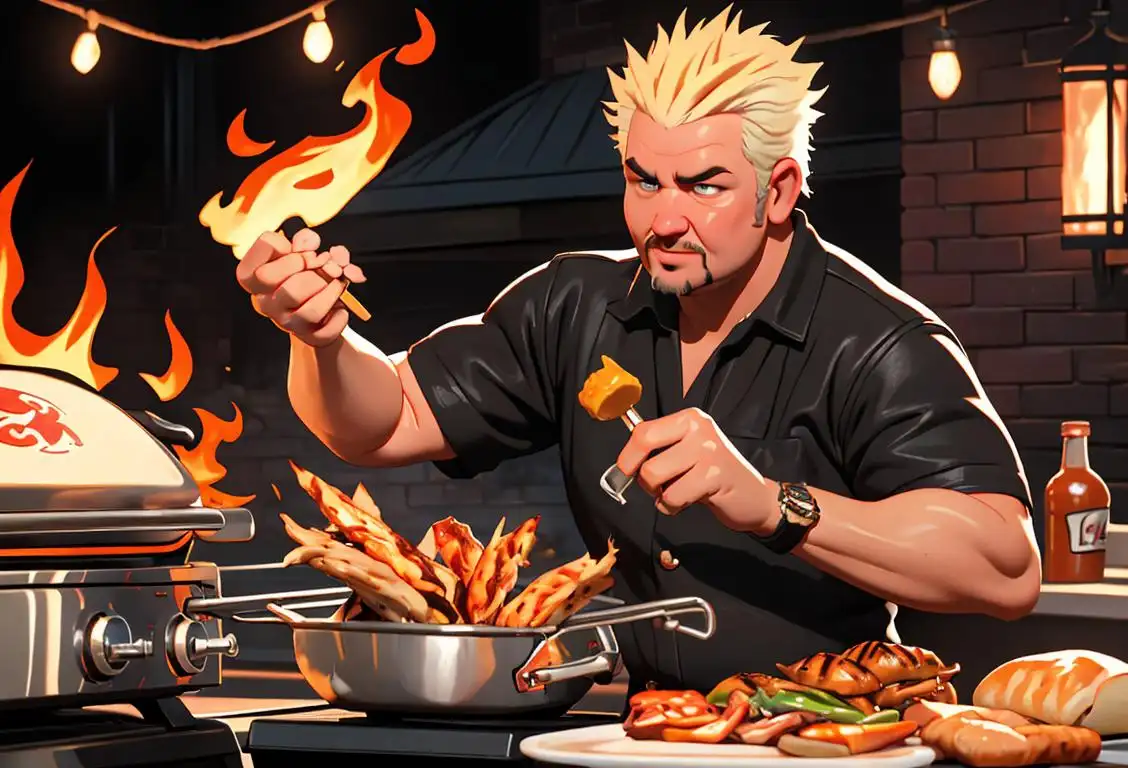 Guy Fieri look-alike with iconic bleached hair, rocking a flame-covered apron, surrounded by sizzling grilled food, backyard barbecue scene..