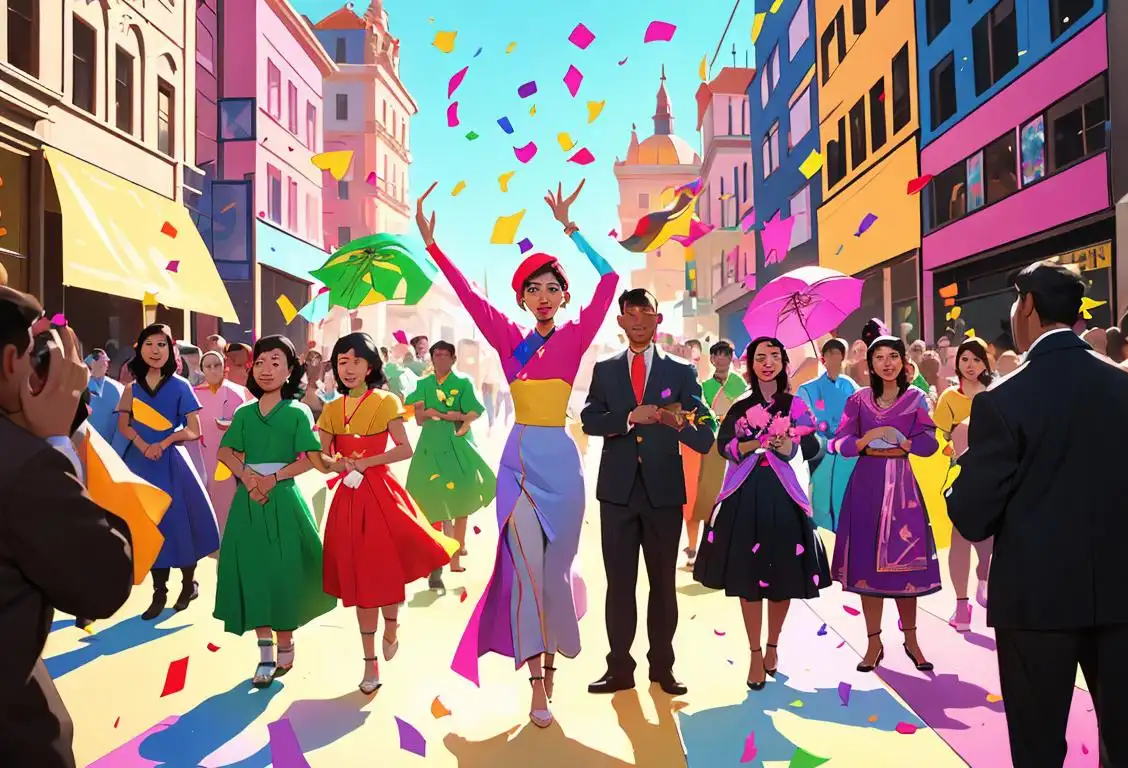 A diverse group of individuals of all genders, ethnicities, and abilities standing together in colorful, modern clothing, celebrating equality with confetti in a bustling city square..