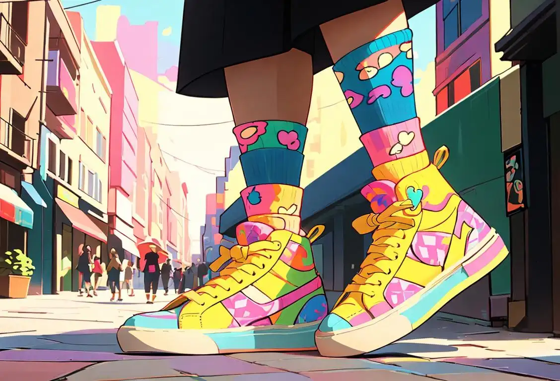 Colorful socks with different patterns and designs, fashionably worn over sneakers, in a vibrant city street setting..