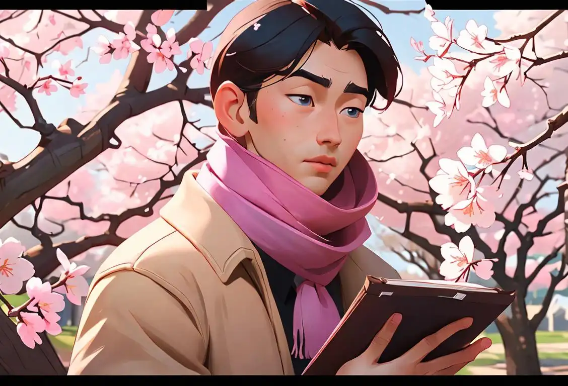 Young man carefully arranging words on a virtual paper, wearing a cozy scarf, surrounded by blooming cherry blossoms..
