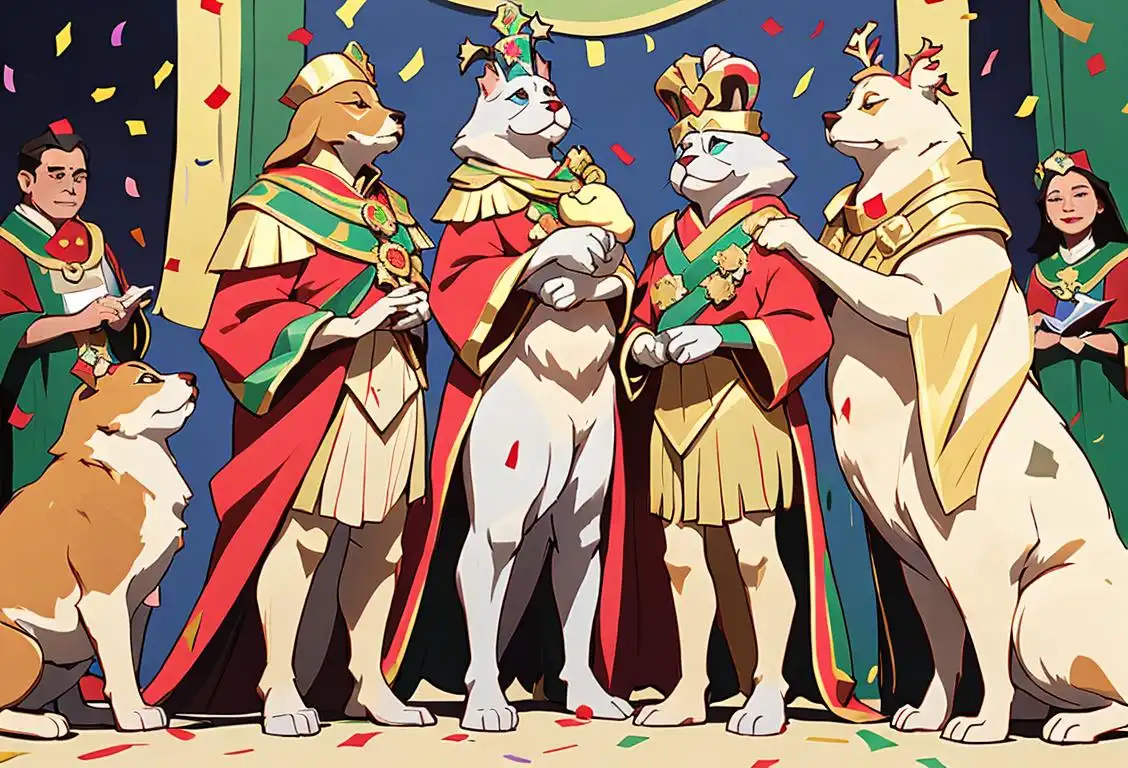 A group of heralds standing together with trumpets in hand, dressed in colorful regalia, against a festive background adorned with banners and confetti..