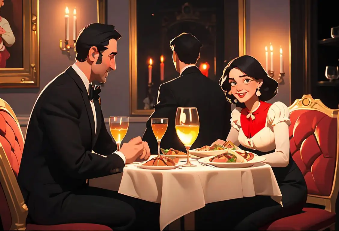 Cheerful couple enjoying a candlelit dinner at an Italian trattoria, wearing elegant attire, classic Italian decor and vibrant city lights in the background.