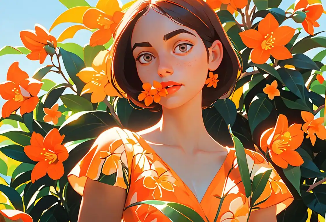 Person smelling an orange blossom, wearing a floral dress, surrounded by orange trees and a sunny garden..