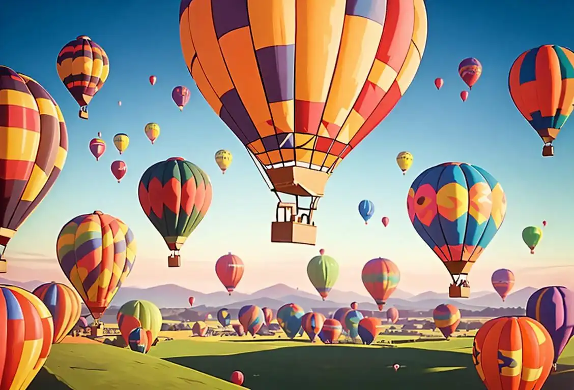 Colorful hot air balloons flying over a picturesque countryside, with people dressed in summer clothing, enjoying a lively festival atmosphere..
