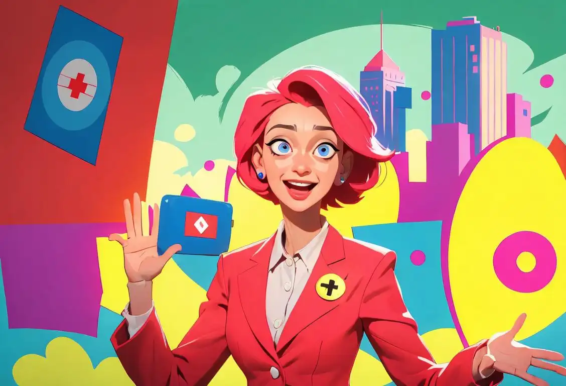 Cheerful person in colorful outfit raising their hand to display an emergency button with a vibrant cityscape in the background..
