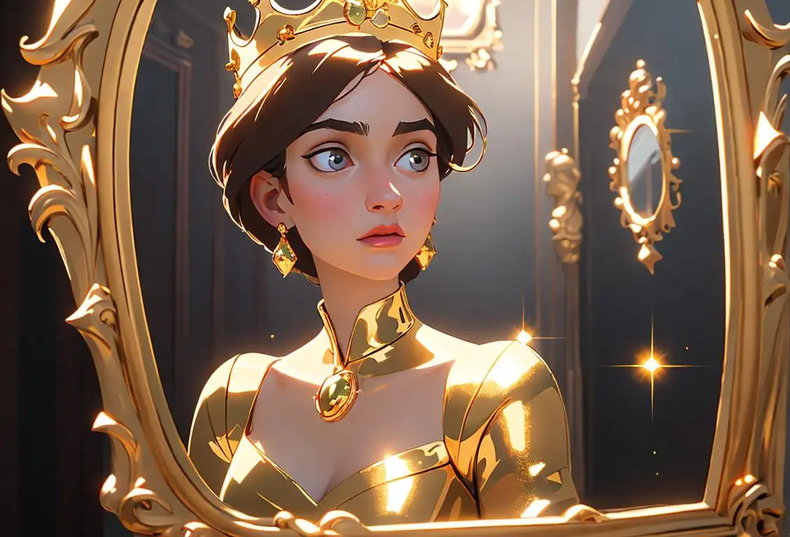 Young person standing in front of a mirror, wearing a sparkling crown, surrounded by golden objects..