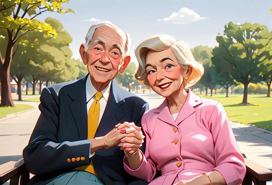 Smiling elderly couple holding hands, dressed in 1950s fashion, enjoying a scenic park on National Hov Day..