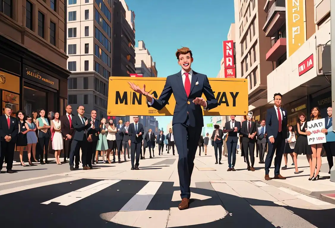 Young man in a suit, holding a giant open sign, surrounded by diverse group of people with wide smiles, urban city street scene..