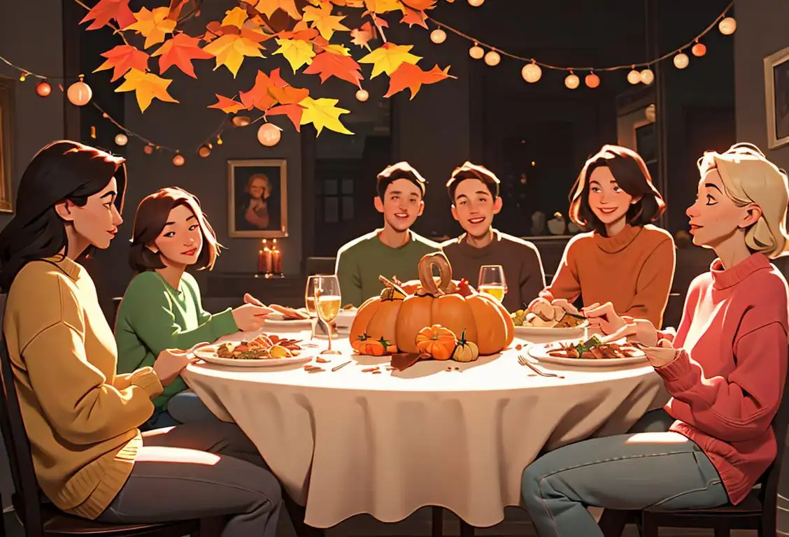 Group of diverse friends gathered around a beautifully decorated table, wearing cozy sweaters, autumn-themed setting..