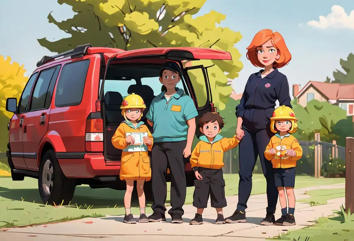 Cheerful family gathered around an emergency kit, wearing matching safety gear, suburban neighborhood scene with a hint of calming nature in the background..
