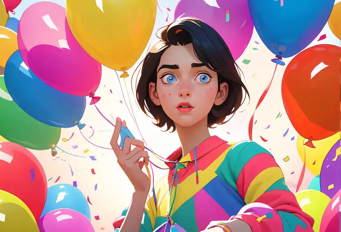 Young person holding a retro phone, wearing colorful clothes, surrounded by balloons, confetti, and streamers..