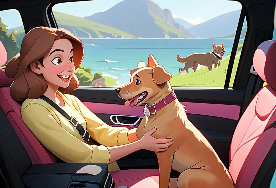 A family in a car with a happy dog, wearing a seatbelt, surrounded by travel essentials, scenic backdrop..