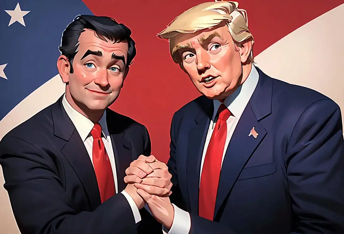 Two people, one wearing a red tie and the other wearing a blue tie, smiling and shaking hands in front of a patriotic backdrop..