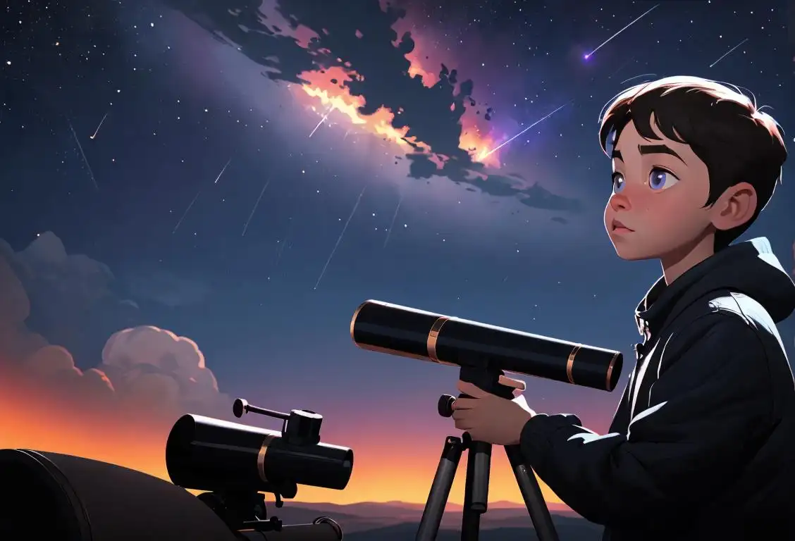 A young person with a telescope, gazing up at the night sky filled with bright, sparkling meteors..