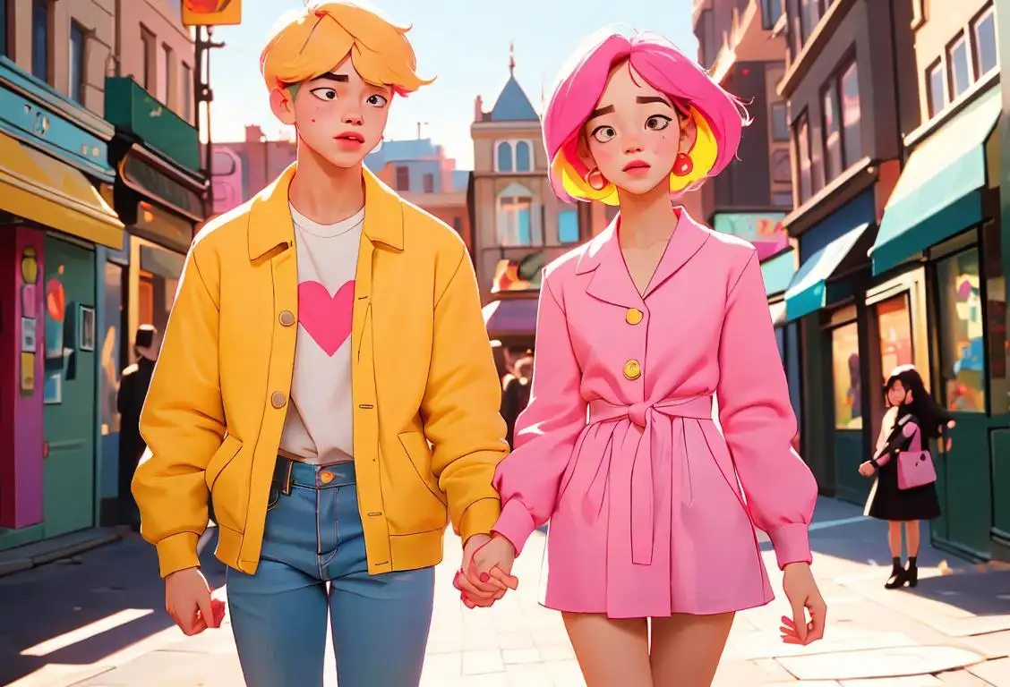 A sweet and heartwarming image of two individuals holding hands, dressed in trendy and youthful fashion, against a colorful urban backdrop.
