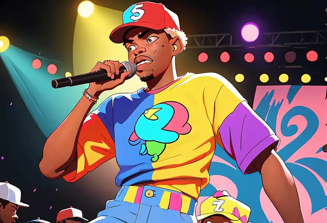 Illustration of Chance the Rapper performing on stage, wearing vibrant clothing, surrounded by a diverse crowd in a lively concert venue..