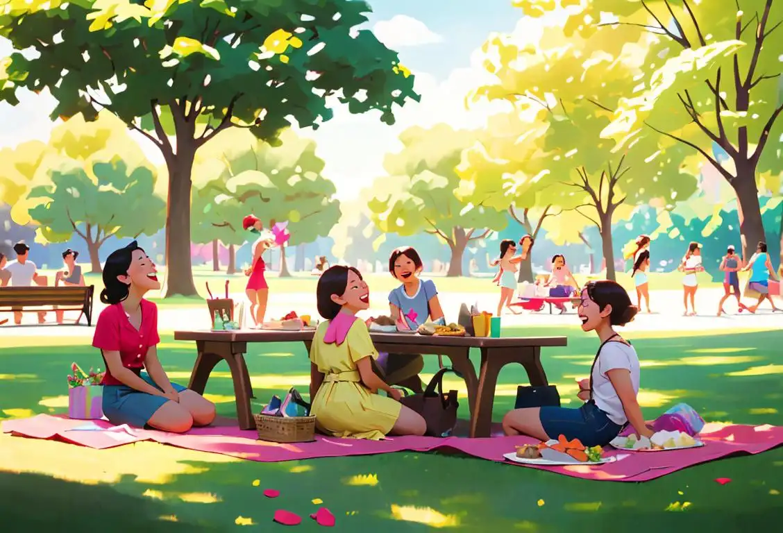 Group of diverse friends having a picnic in a park, wearing summer outfits, surrounded by laughter and joy..