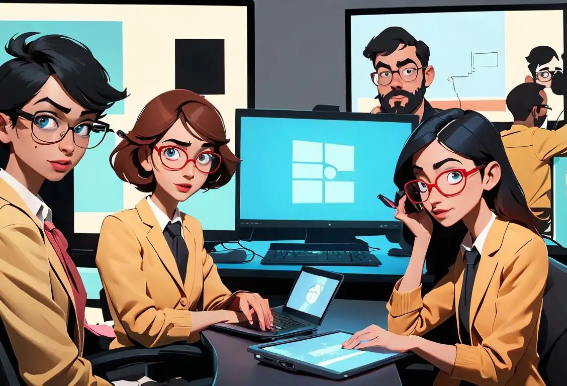 A group of diverse individuals wearing nerd glasses, surrounded by laptops and electronic gadgets, in a modern tech office setting..