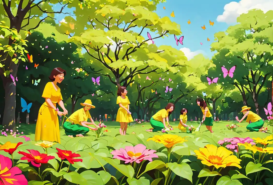 Happy, diverse group of people planting trees in a lush green park, wearing casual outfits, surrounded by colorful flowers and butterflies..