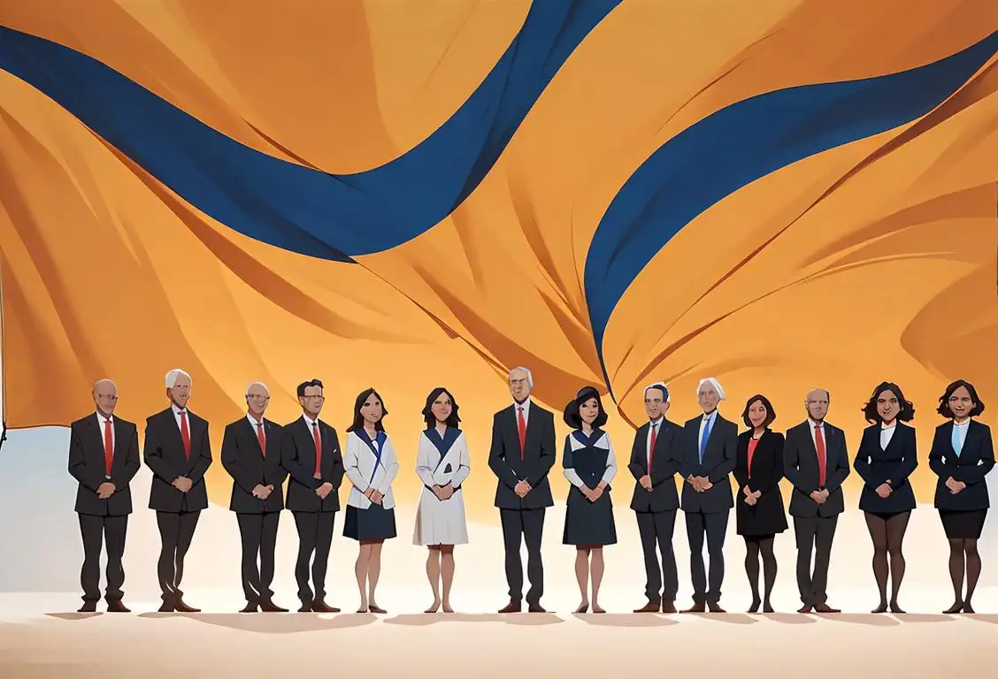 A diverse group of people with different nationalities and backgrounds, dressed in professional attire, standing in front of a Prager U banner, representing unity and support for National Promote Prager U Day..