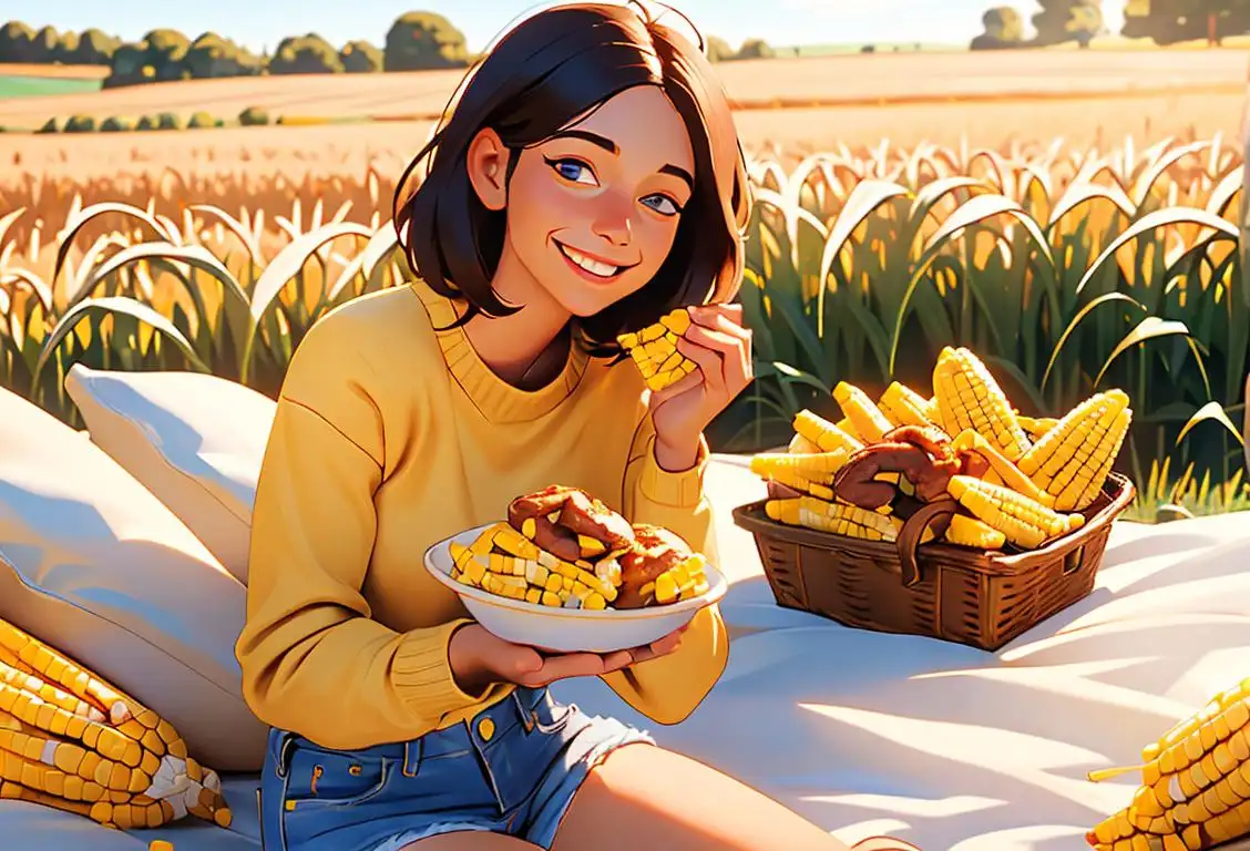 A smiling person enjoying a corn fritter picnic in a sunny cornfield, wearing a cozy sweater, denim shorts, and surrounded by golden cornfields..