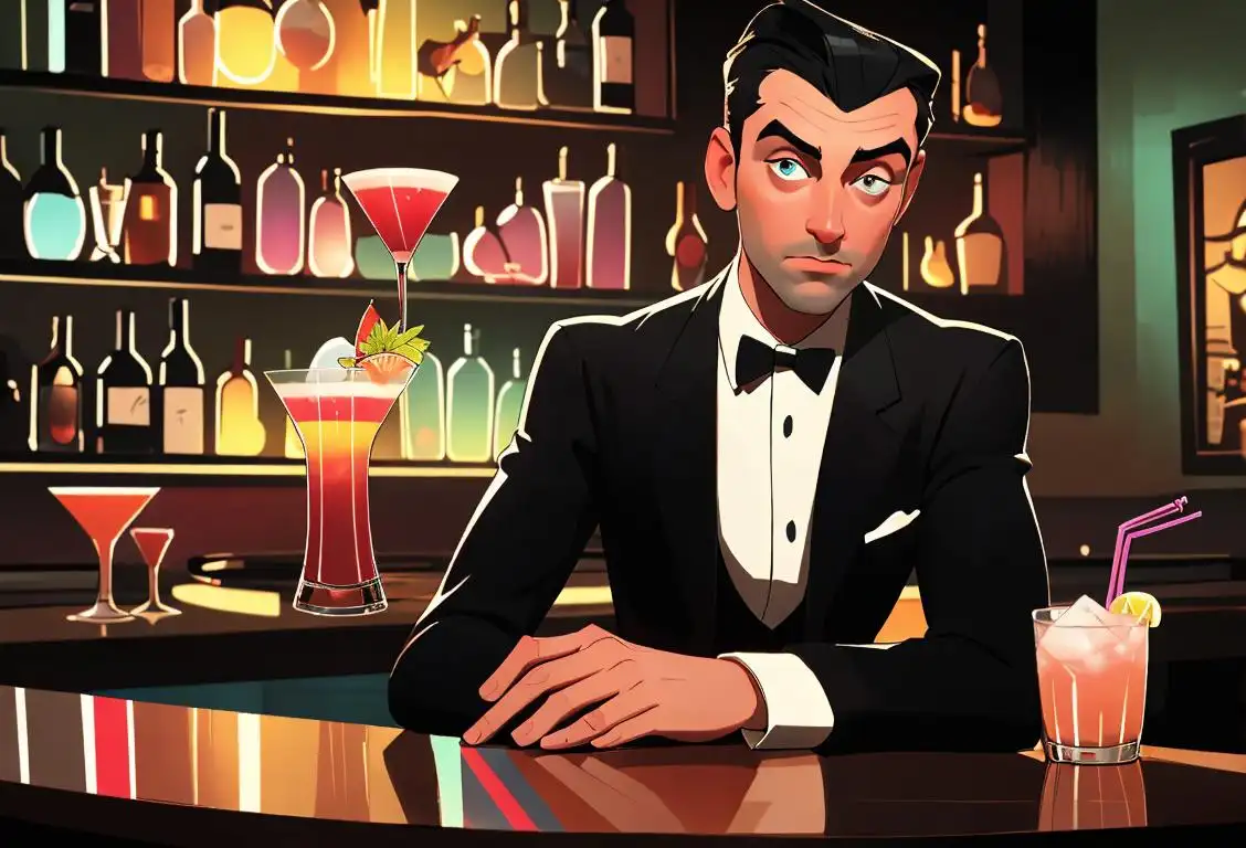 Bartender in a trendy bar, shaking a cocktail in a stylish suit, surrounded by vintage barware and colorful drinks..