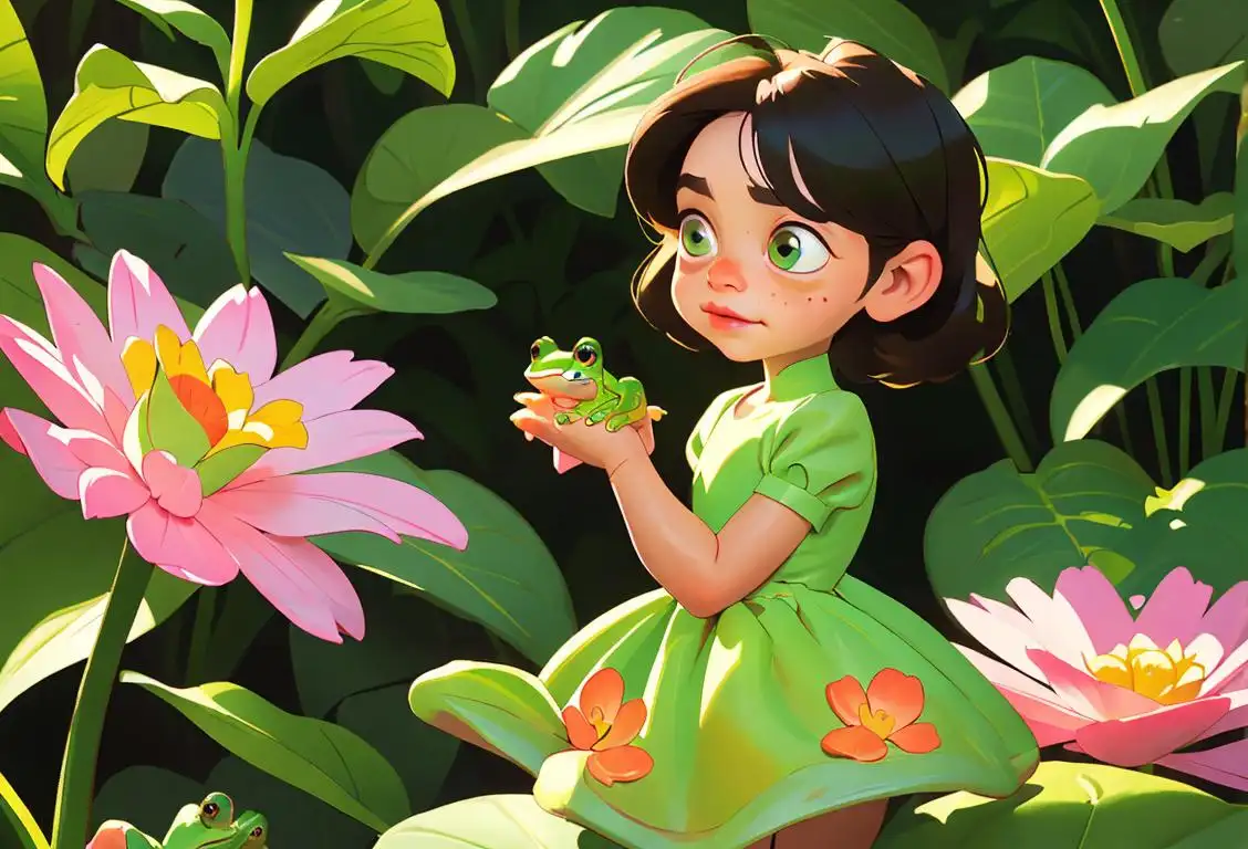A young girl holding a tiny adorable frog, wearing a floral dress, in a lush green garden..