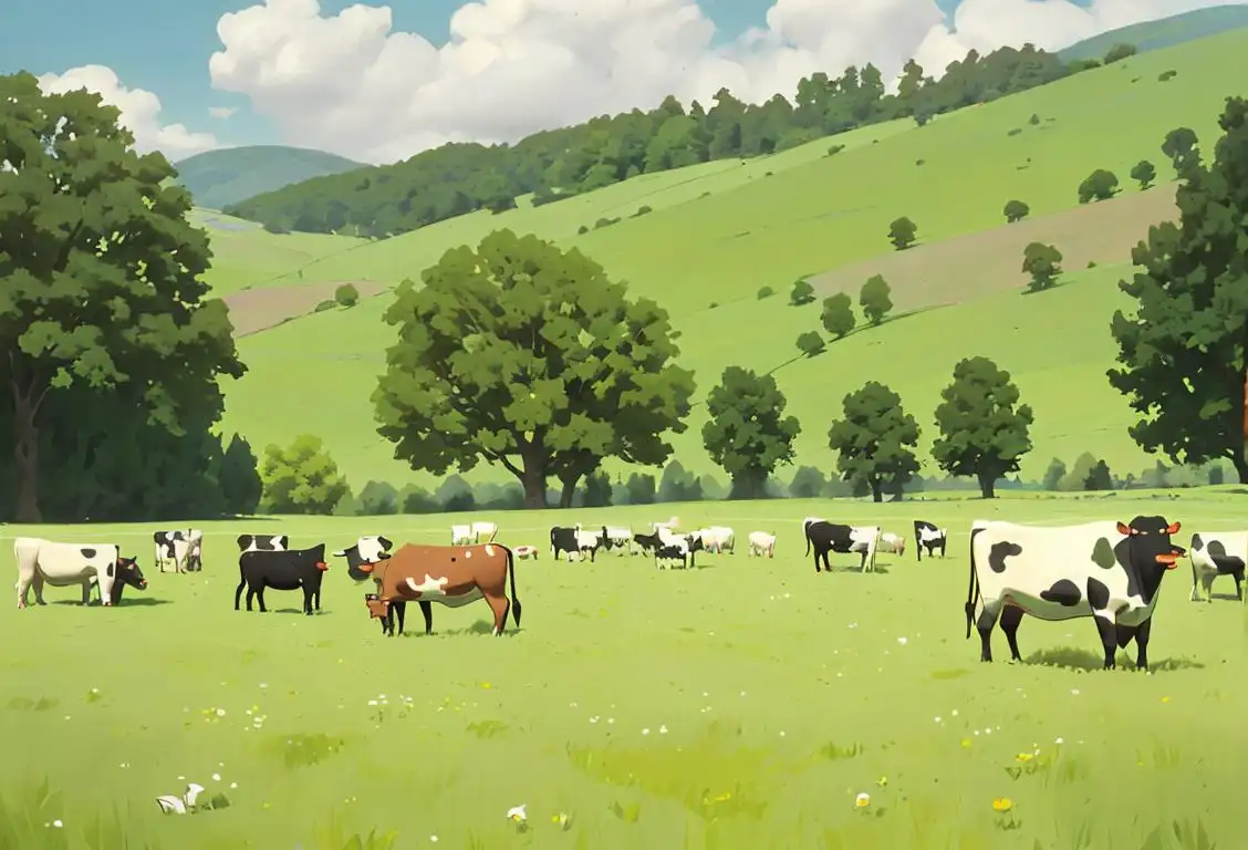 A group of cows peacefully grazing in a lush green meadow, with a picturesque farm in the background..