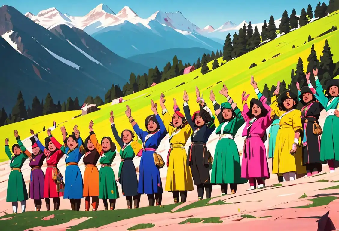 A diverse group of people, dressed in vibrant and stylish attire, standing on a mountaintop, raising their hands in celebration and support, symbolizing the empowerment and inspiration of National Rise Up Day..