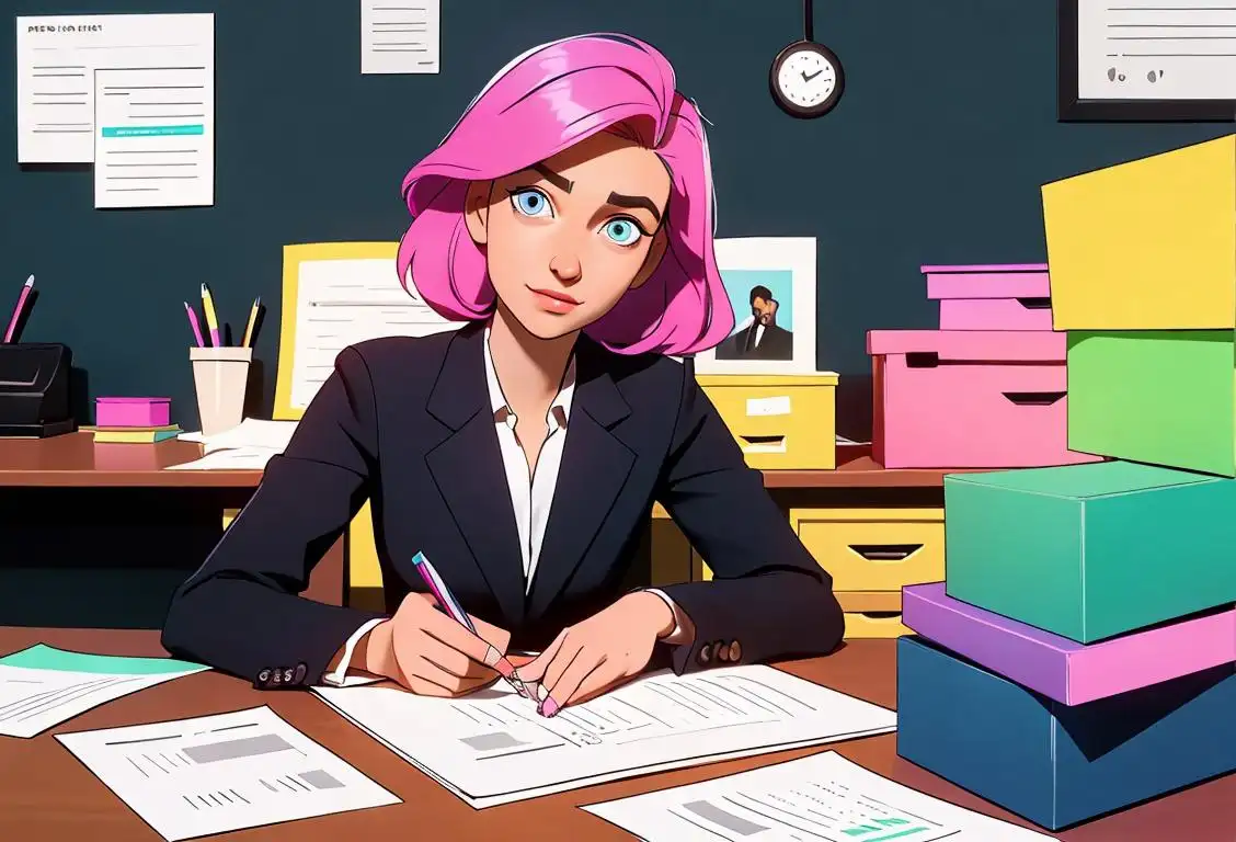 Young person in professional attire with a stack of colorful tax forms, sitting at a desk in an office space..