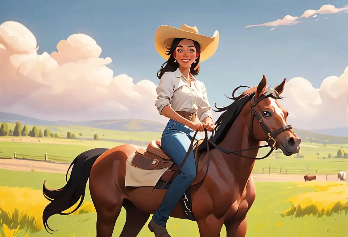 A joyful young woman in a cowboy hat, riding a horse in a scenic prairie landscape, with hints of western fashion..