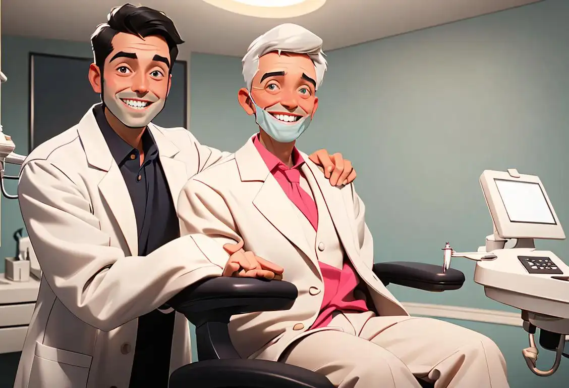 A brave patient sitting in a dentist's chair, smiling while a friendly dentist wearing a white coat examines their teeth, with a bright and clean dental office in the background..