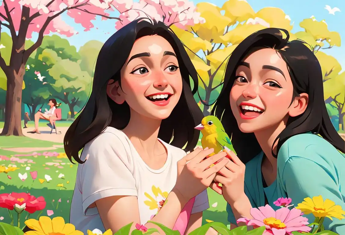 Two best friends laughing and enjoying a picnic in a colorful park, wearing matching friendship bracelets, surrounded by blooming flowers and cute bird friends..
