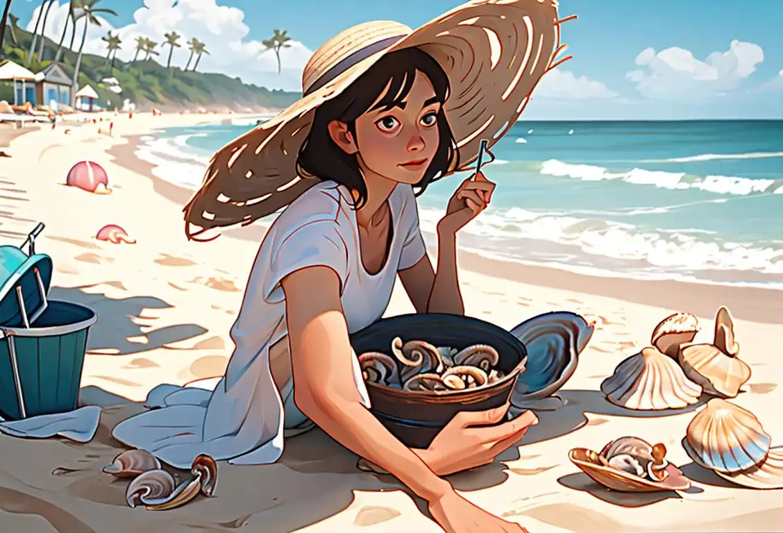 Person at the beach, holding a bucket with clams, wearing a straw hat and beach attire, surrounded by seashells..