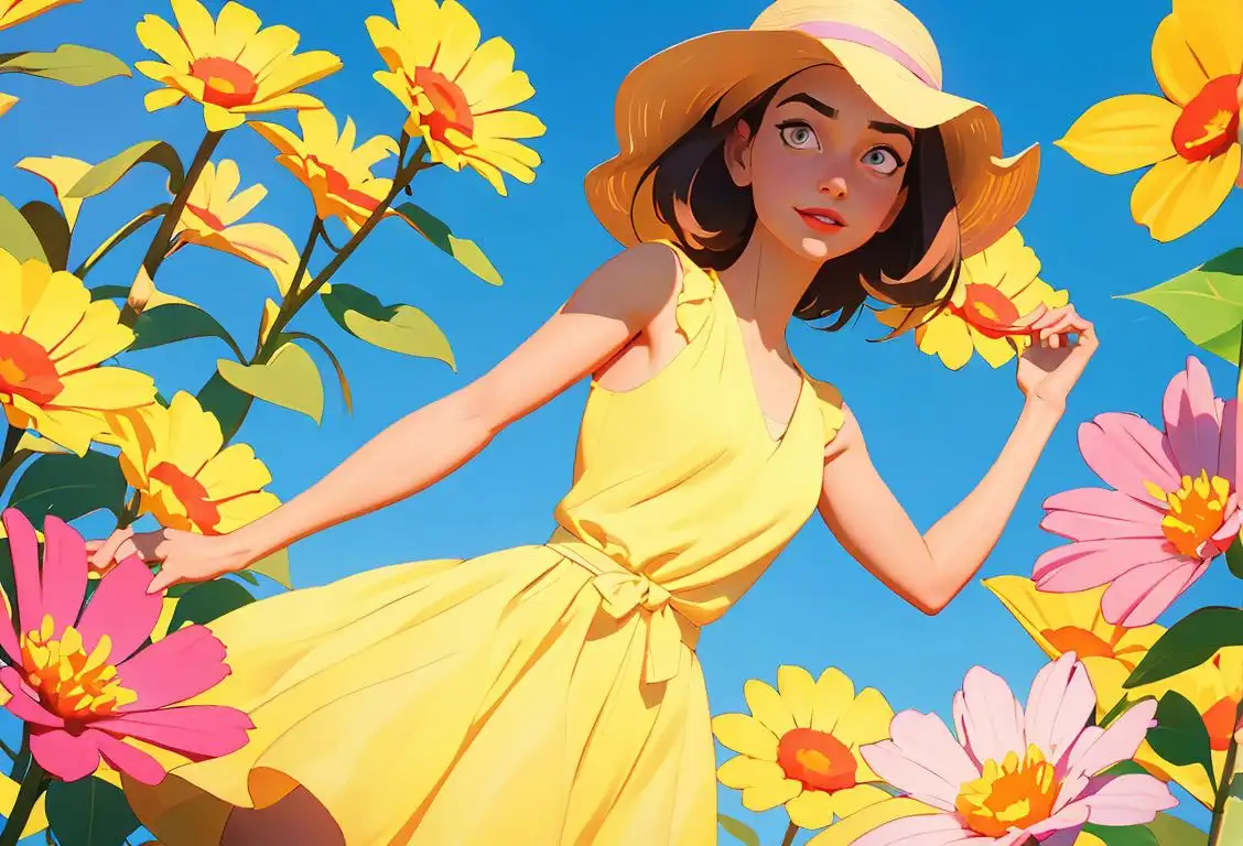 Young woman in a colorful sundress, enjoying the sunshine with her arms happily bare, surrounded by blooming flowers..