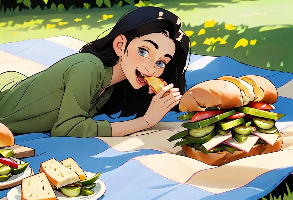 A joyful person munching on a pickle in a sunny picnic setting, with a classic checkered blanket and a basket of sandwiches nearby..