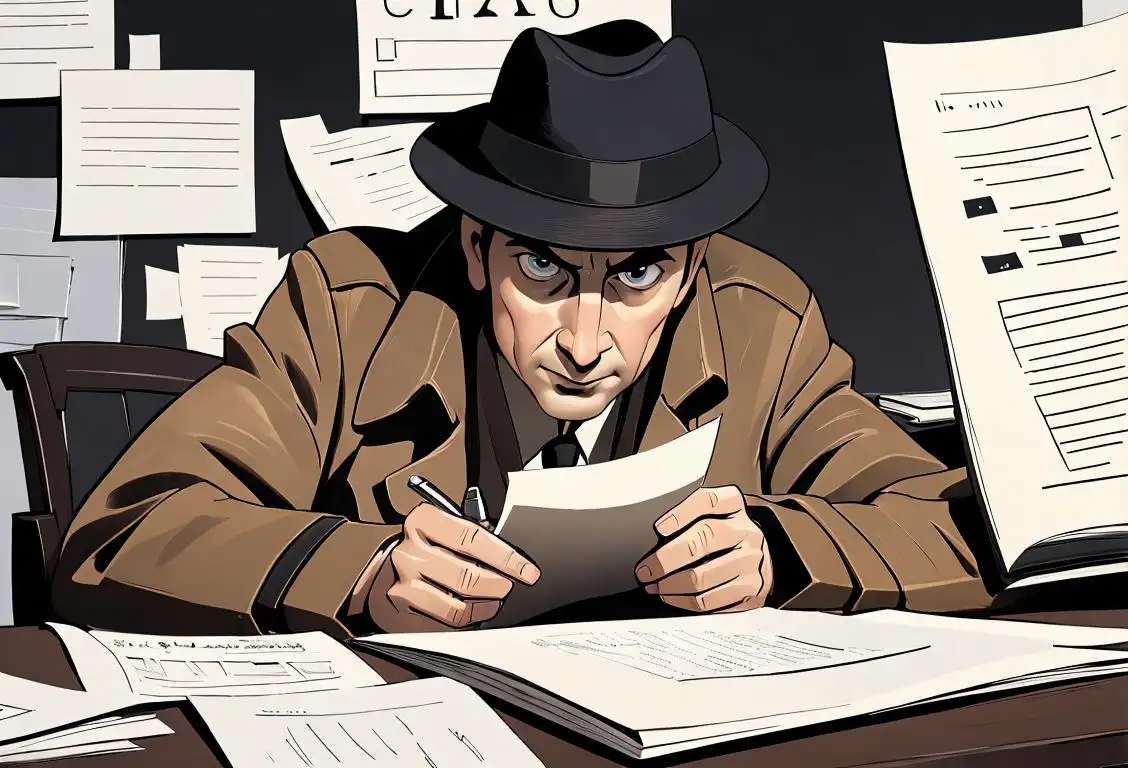 A journalist with a notepad and pen, surrounded by typewriters and news clippings, wearing a classic trench coat and fedora hat, newsroom setting..