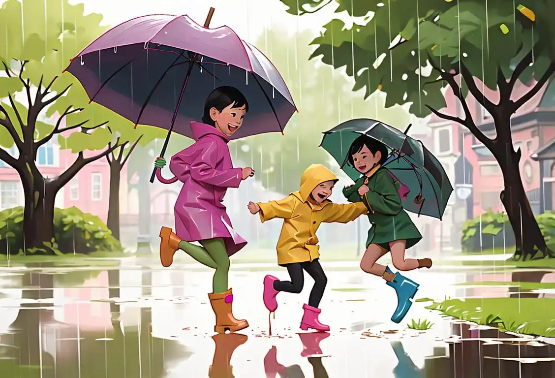 Children in colorful rain boots and raincoats jumping joyfully in muddy puddles, with umbrellas, in a park setting..