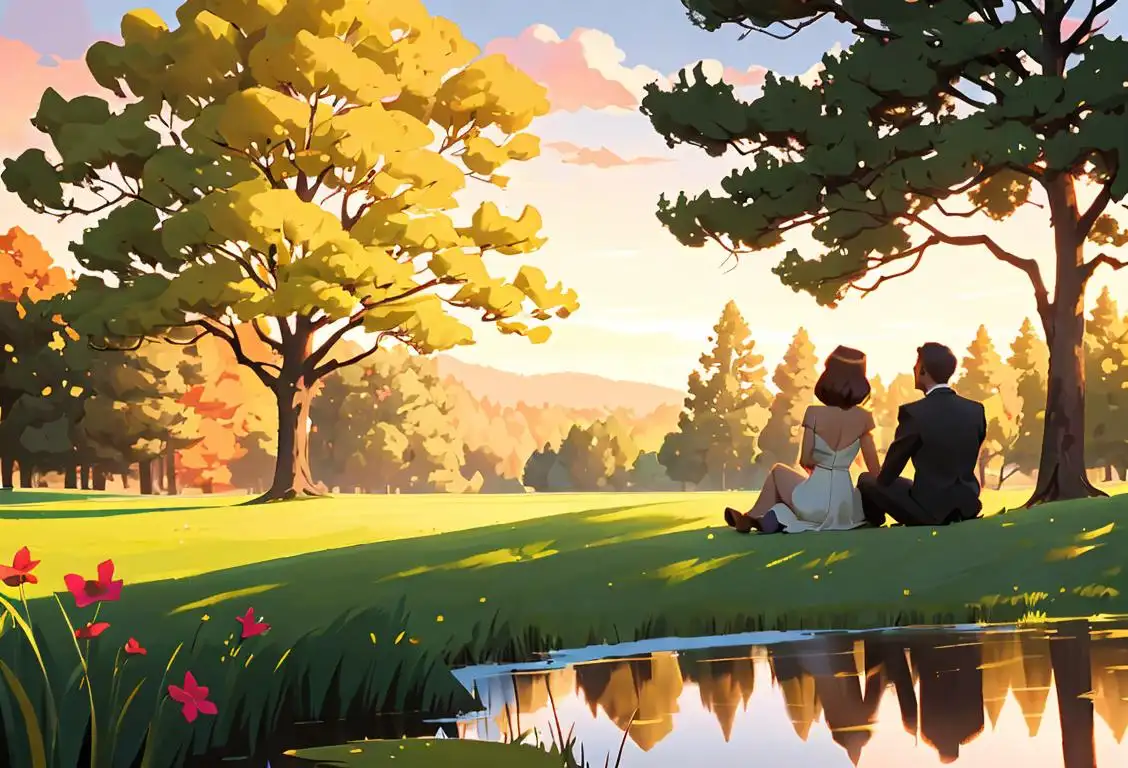 A young couple sitting on a grassy hill, watching as the sun sets over a picturesque national park, surrounded by trees and wildlife..