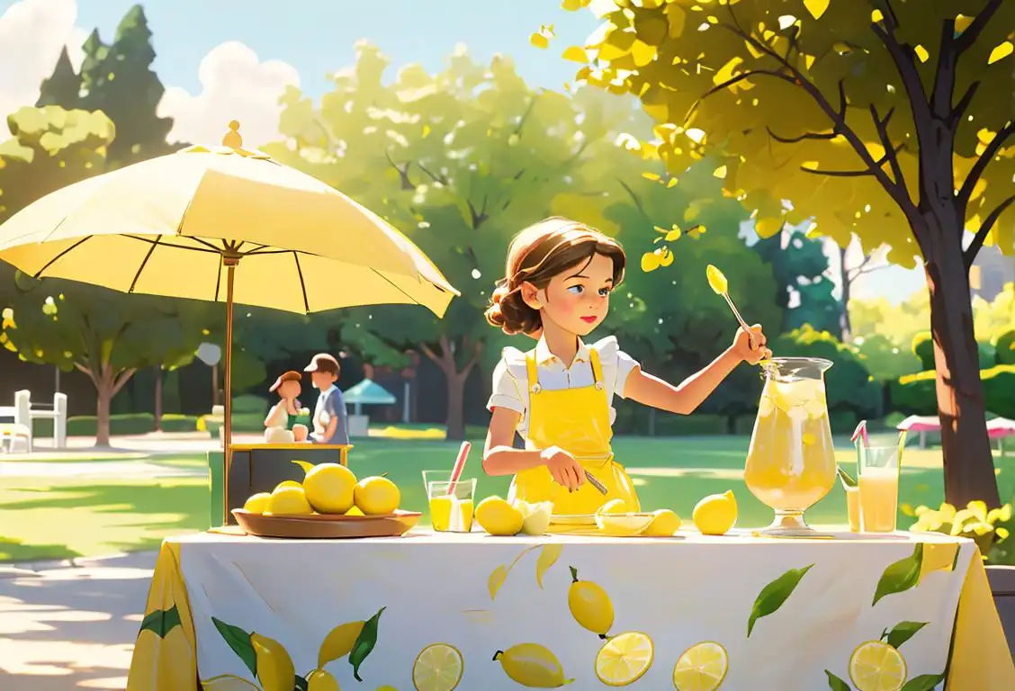 Child pouring lemonade into a glass, wearing a lemon-themed apron, sunny park setting, with a whimsical lemonade stand in the background..